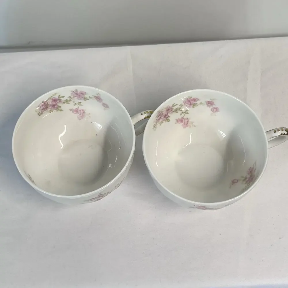 Vintage Haviland France Limoges Set of 2 Tea Cups Gold White Pink Flowers Garden